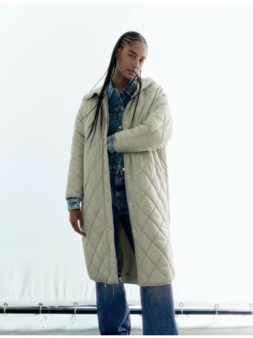 Zara Quilted Long Puffer Coat in Sage Green